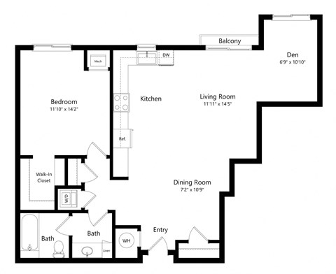 a 2D floorplan of the 1-bedroom Breckenridge with Den at The Conrad in Omaha, NE 68105